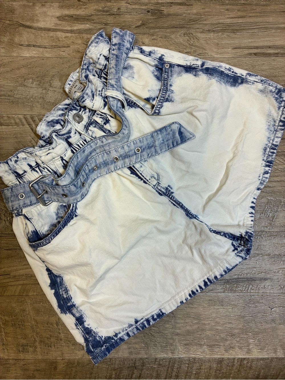 All Saints Filly Paperbag Denim Shorts High Waisted Belted Bleached - Picture 4 of 12